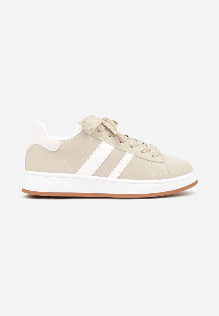 Beżowo-Białe Sneakersy na Niskiej Platformie z Naszywkami Flordexia