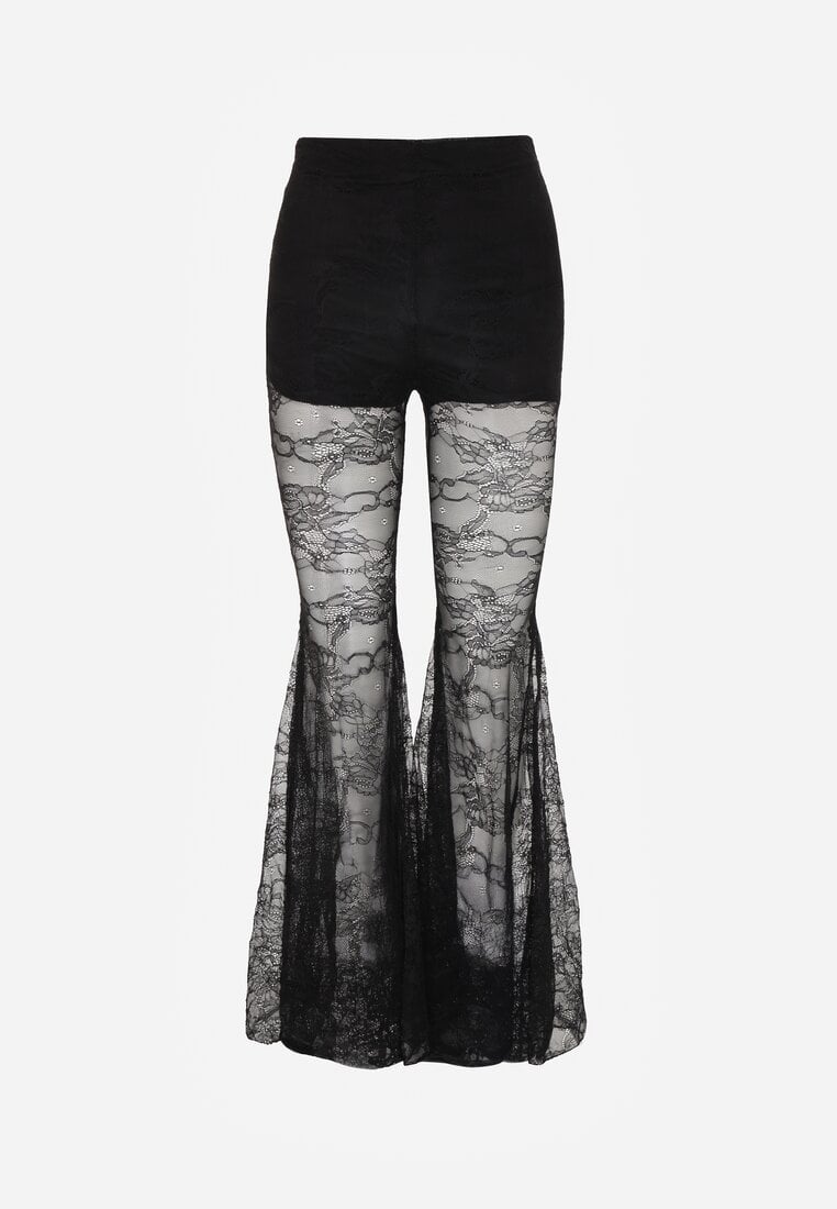 Czarne Spodnie High Waist o Kroju Dzwonów z Koronki Ferella