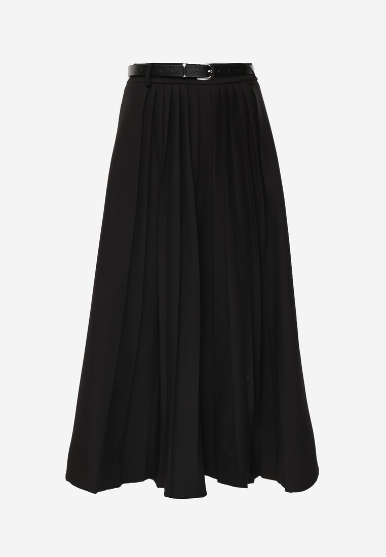 Czarna Rozkloszowana Spódnica z Wiskozy z Dodatkowym Paskiem z Klamrą Lowedina