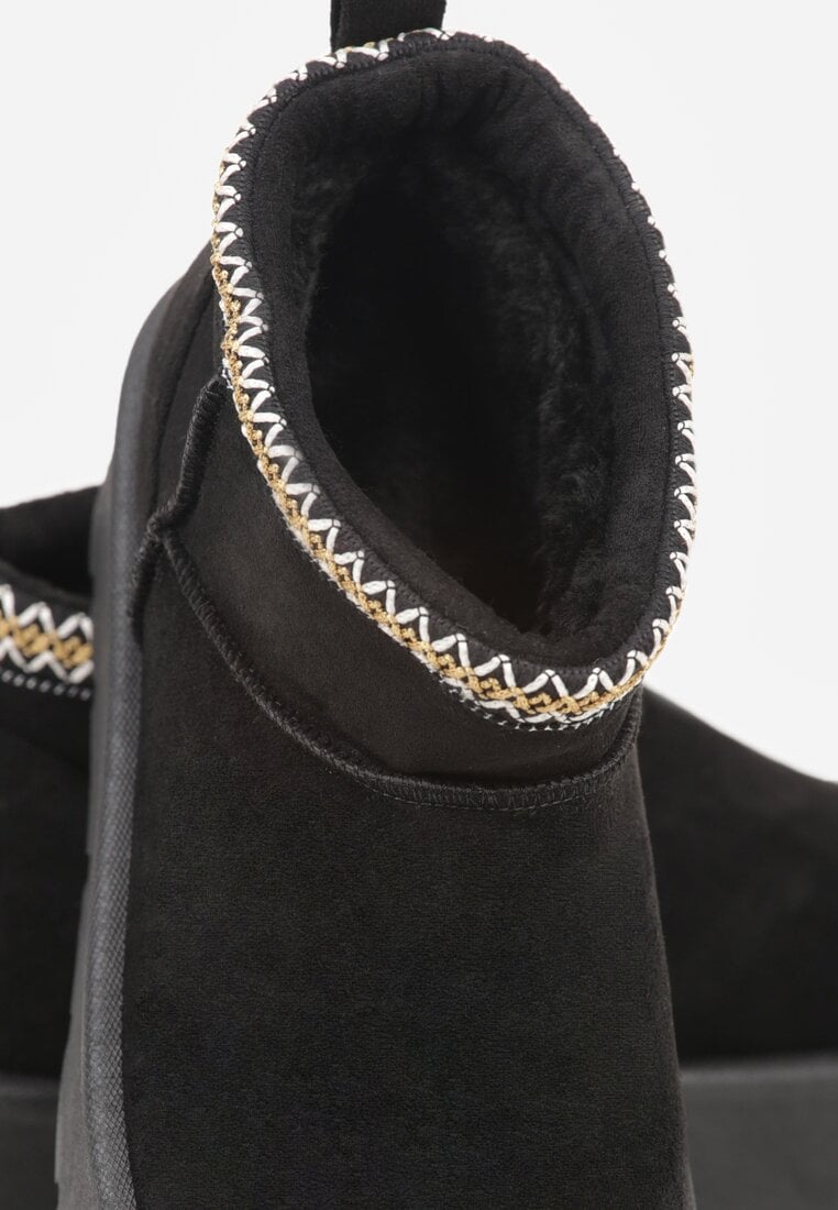 Czarne Śniegowce na Platformie z Haftem przy Cholewce Sewnera