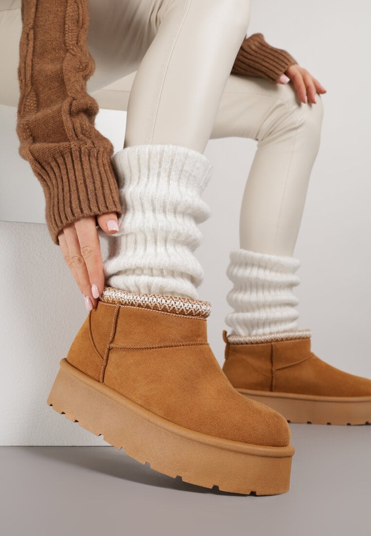 Brązowe Śniegowce na Platformie z Haftem przy Cholewce Sewnera