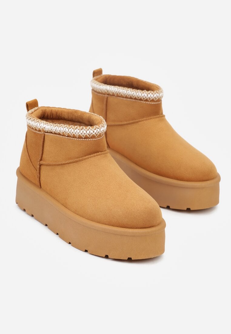 Brązowe Śniegowce na Platformie z Haftem przy Cholewce Sewnera