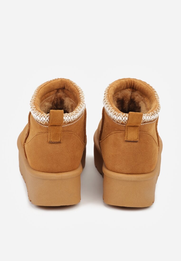 Brązowe Śniegowce na Platformie z Haftem przy Cholewce Sewnera