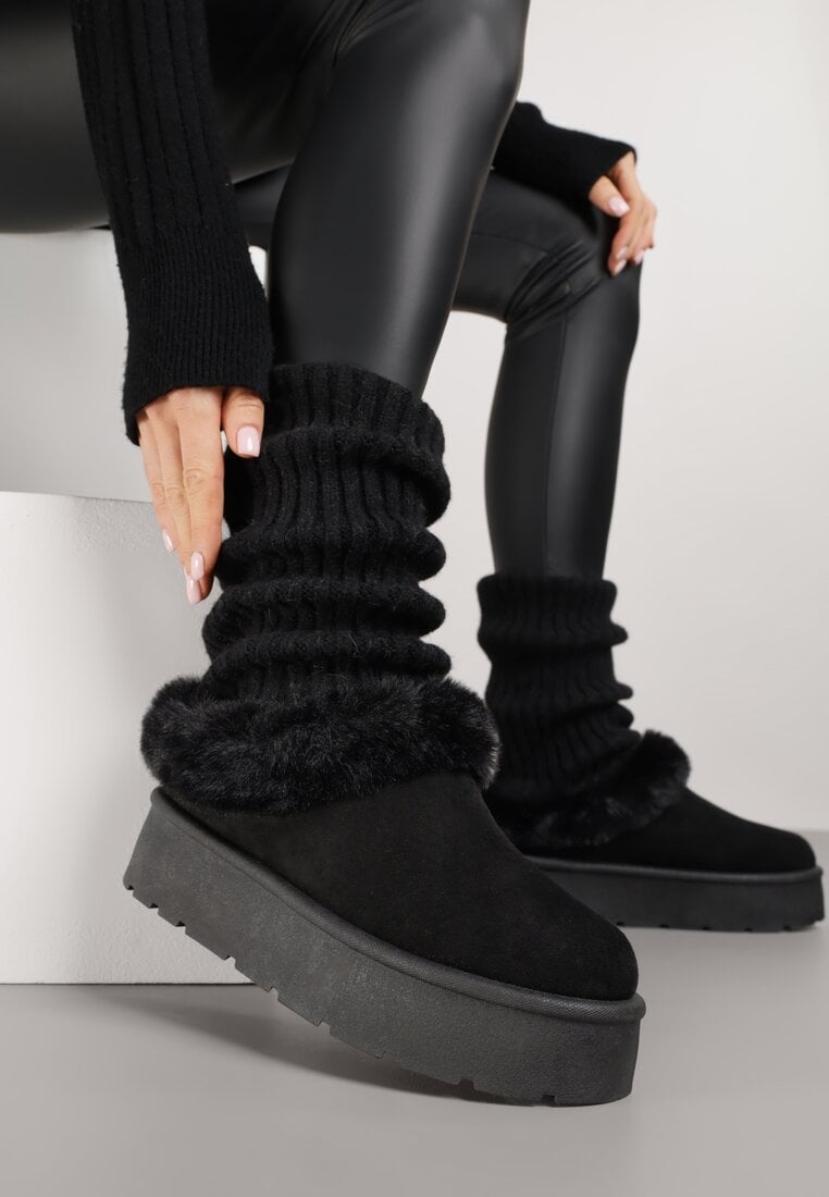 Czarne Krótkie Śniegowce na Platformie Ozdobione Futerkiem Sewlara