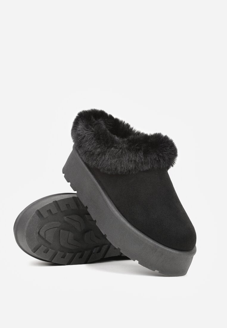 Czarne Krótkie Śniegowce na Platformie Ozdobione Futerkiem Sewlara