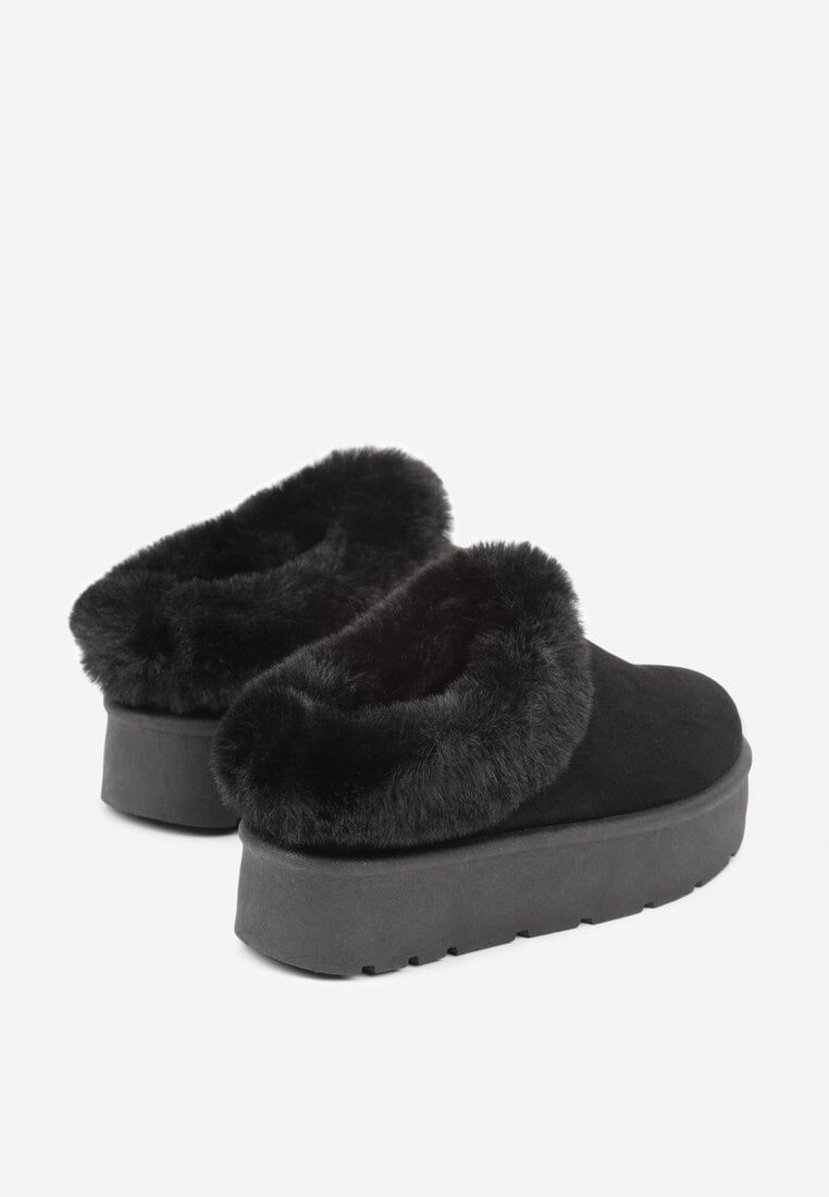 Czarne Krótkie Śniegowce na Platformie Ozdobione Futerkiem Sewlara