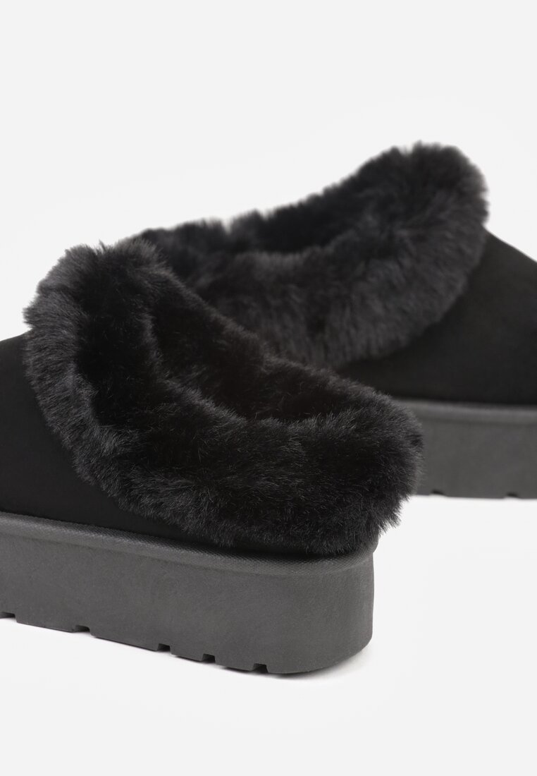 Czarne Krótkie Śniegowce na Platformie Ozdobione Futerkiem Sewlara