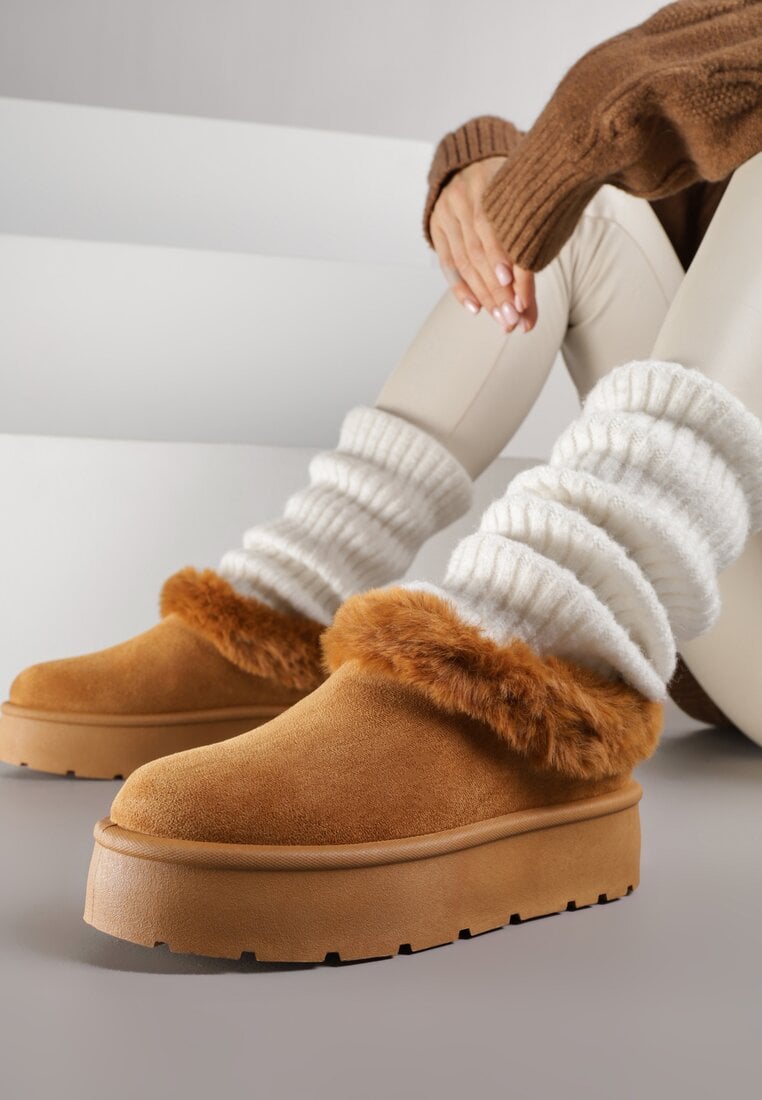 Brązowe Krótkie Śniegowce na Platformie Ozdobione Futerkiem Sewlara