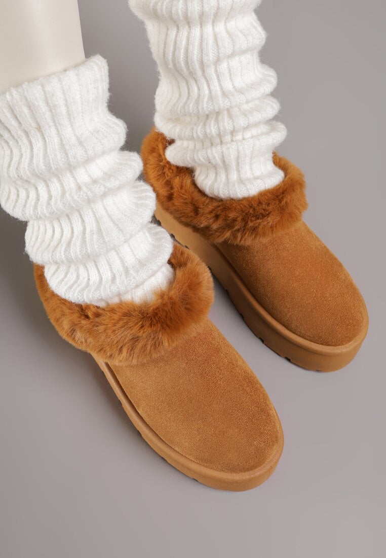 Brązowe Krótkie Śniegowce na Platformie Ozdobione Futerkiem Sewlara