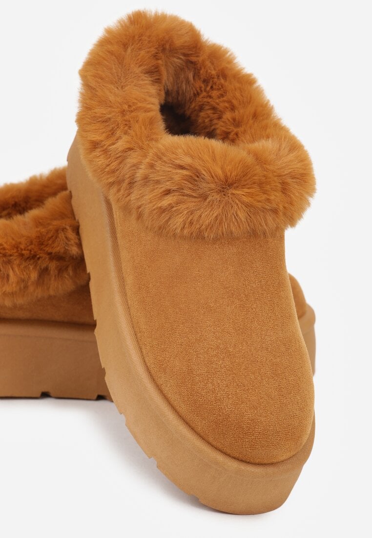 Brązowe Krótkie Śniegowce na Platformie Ozdobione Futerkiem Sewlara