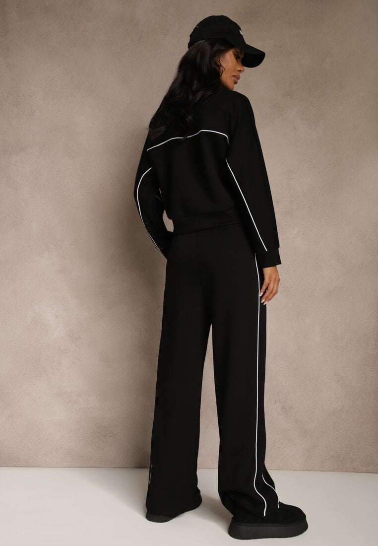 Czarny Komplet Dresowy w Stylu Retro Spodnie Wide Leg i Bluza ze Stójką Sewelia