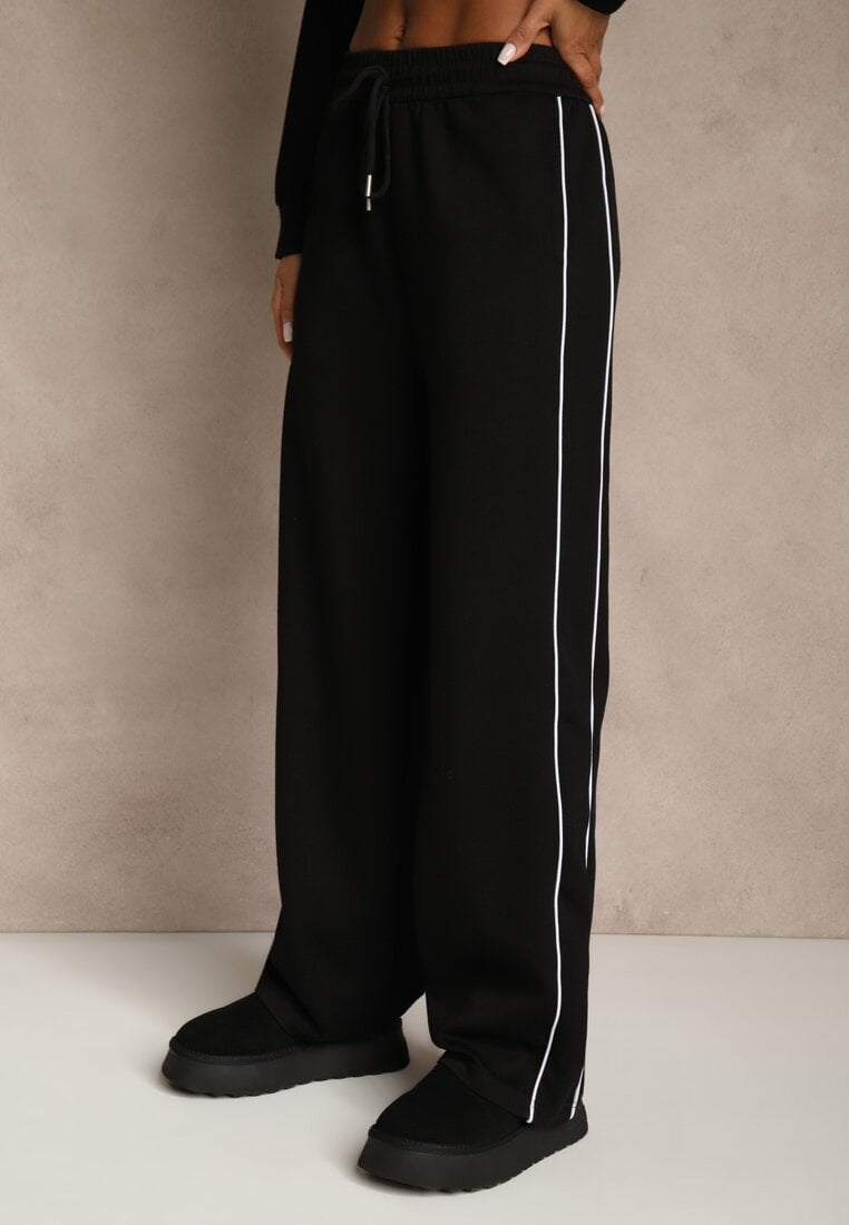 Czarny Komplet Dresowy w Stylu Retro Spodnie Wide Leg i Bluza ze Stójką Sewelia