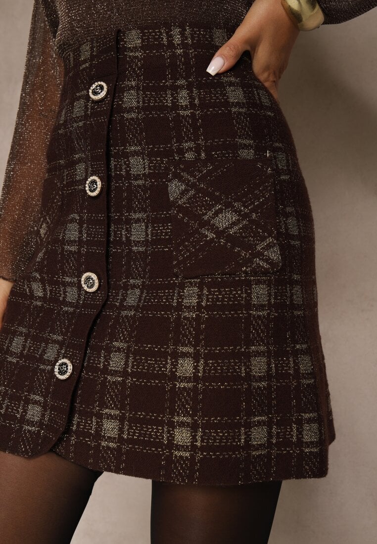 Brązowa Spódnica z Wiskozą z Metalicznymi Przeszyciami i Ozdobnymi Guzikami Sewzela