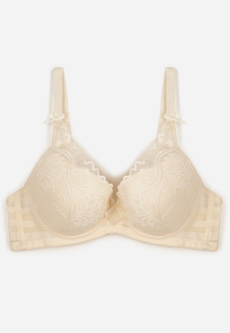 Jasnobeżowy Biustonosz Ozdobiony Koronką i Kokardkami Sellene