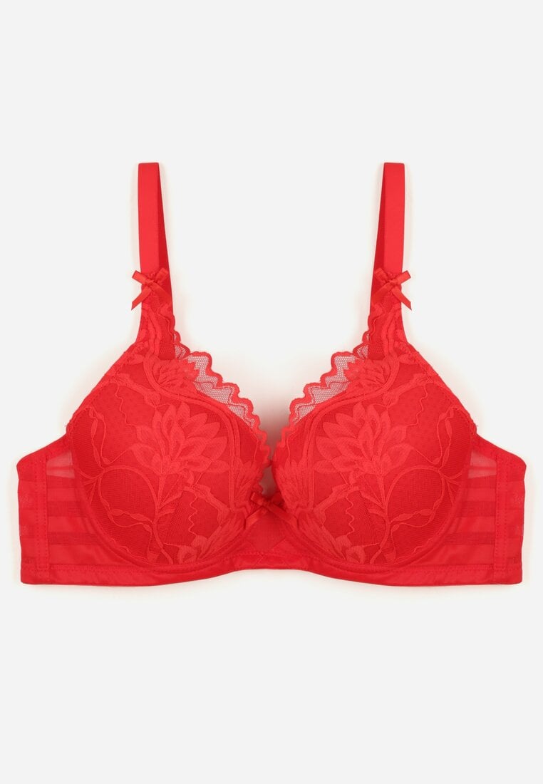 Czerwony Biustonosz Ozdobiony Koronką i Kokardkami Sellene