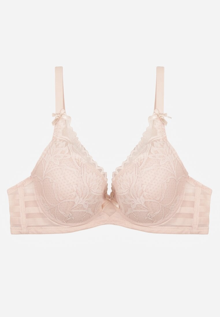 Jasnoróżowy Biustonosz Ozdobiony Koronką i Kokardkami Sellene