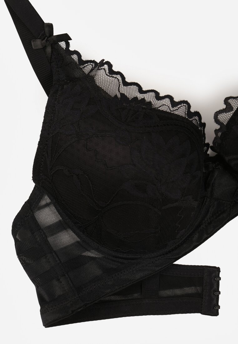 Czarny Biustonosz Ozdobiony Koronką i Kokardkami Sellene