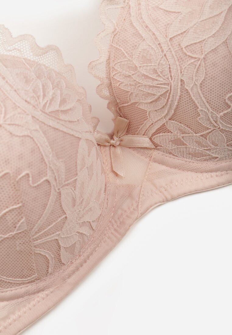 Jasnoróżowy Biustonosz Zdobiony Koronką i Kokardami Morgavia