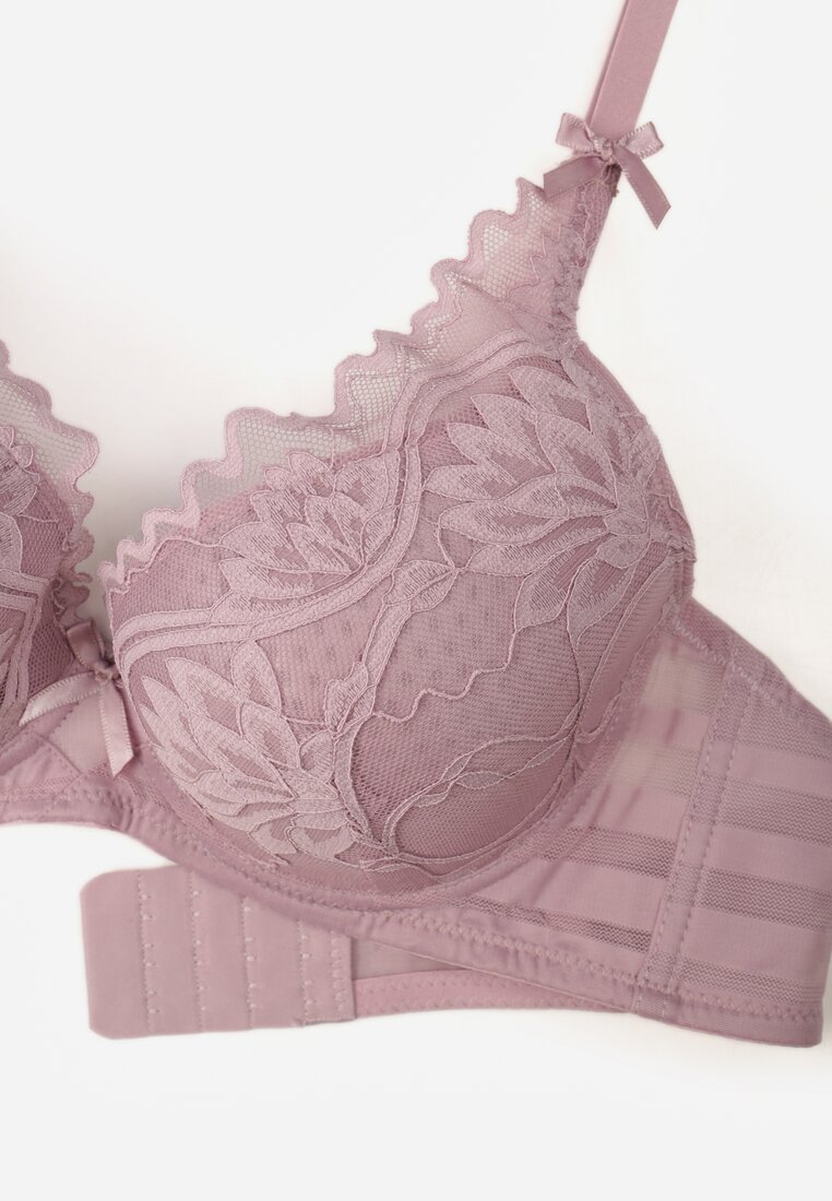 Fioletowy Biustonosz Zdobiony Koronką i Kokardami Morgavia