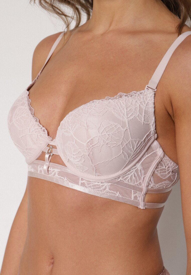 Jasnoróżowy Koronkowy Biustonosz w Klasycznym Stylu z Aplikacją Galinassa