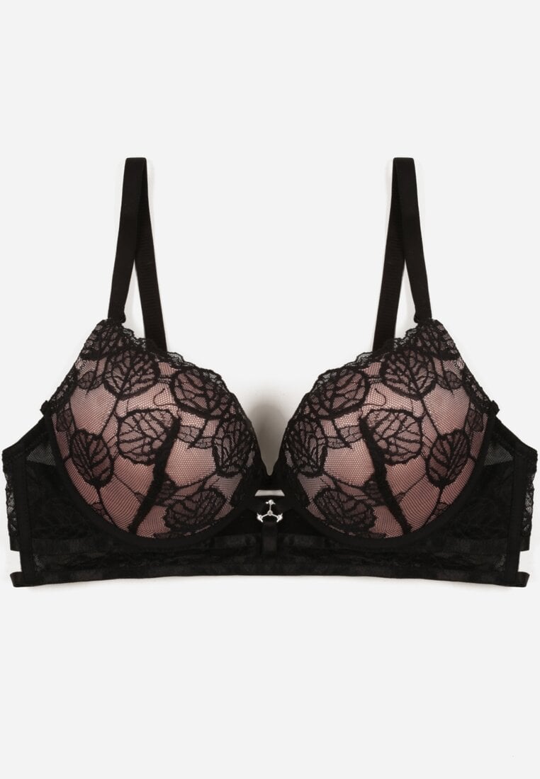 Czarno-Beżowy Koronkowy Biustonosz w Klasycznym Stylu z Aplikacją Galinassa