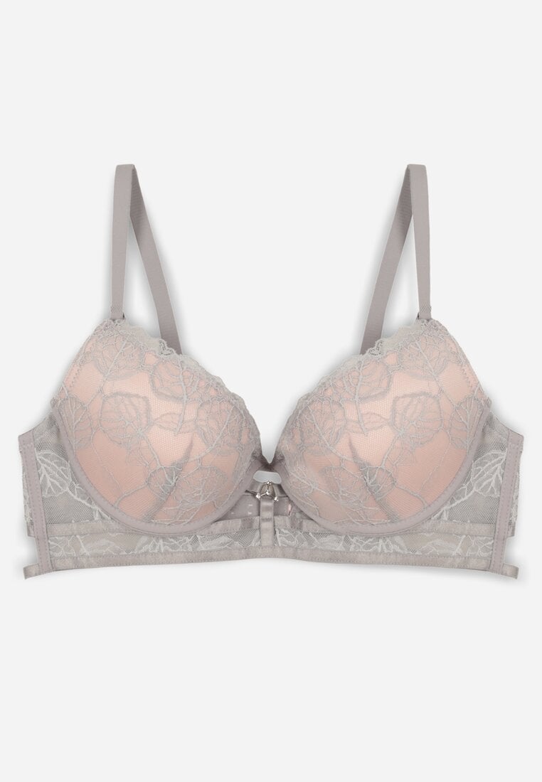 Szaro-Różowy Koronkowy Biustonosz w Klasycznym Stylu z Aplikacją Galinassa