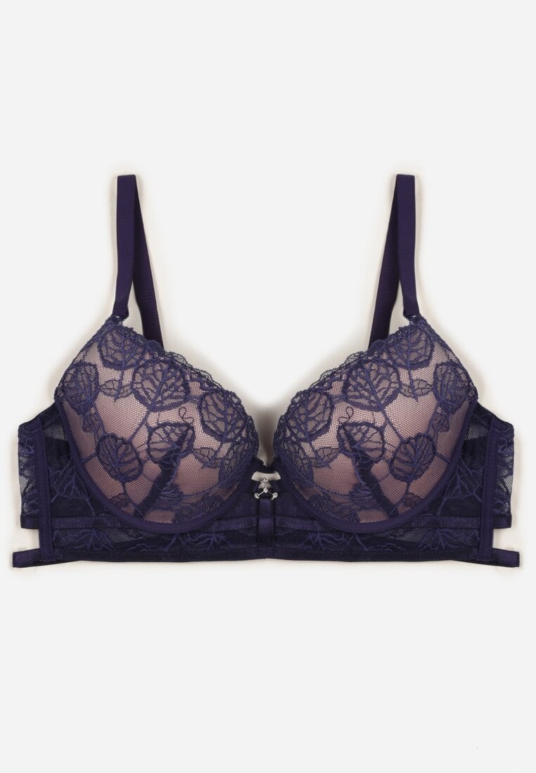 Granatowo-Różowy Koronkowy Biustonosz w Klasycznym Stylu z Aplikacją Galinassa
