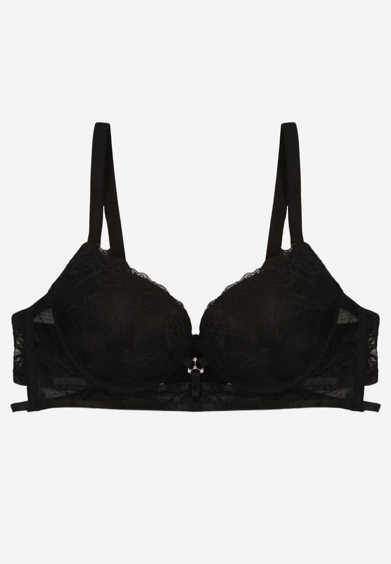 Czarny Koronkowy Biustonosz w Klasycznym Stylu z Aplikacją Galinassa