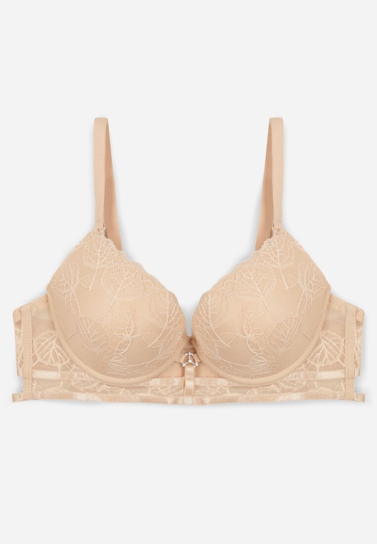 Beżowy Koronkowy Biustonosz w Klasycznym Stylu z Aplikacją Galinassa