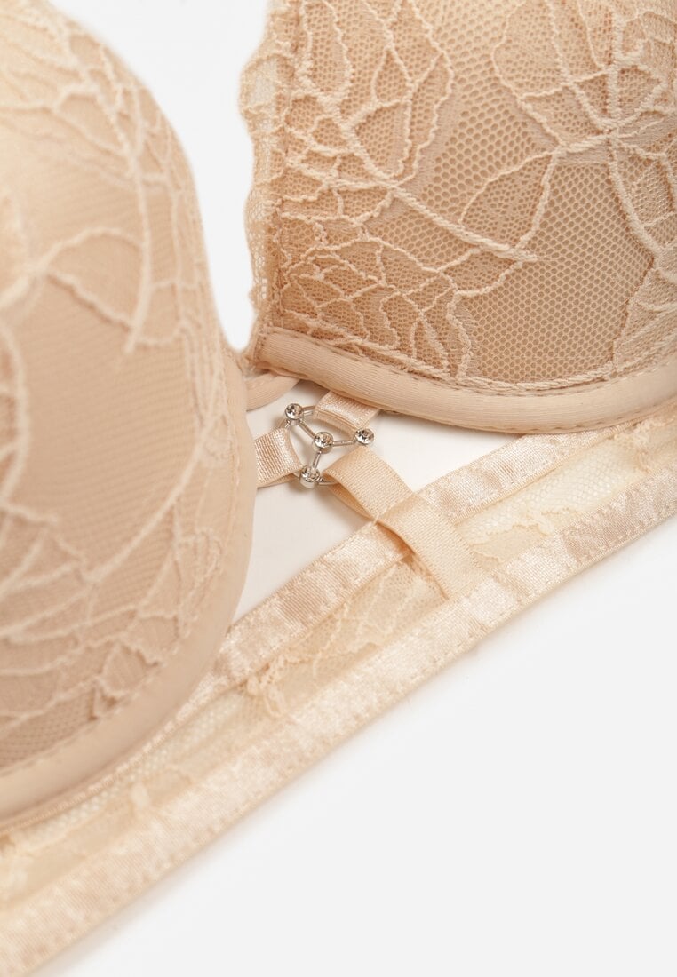 Beżowy Koronkowy Biustonosz w Klasycznym Stylu z Aplikacją Galinassa