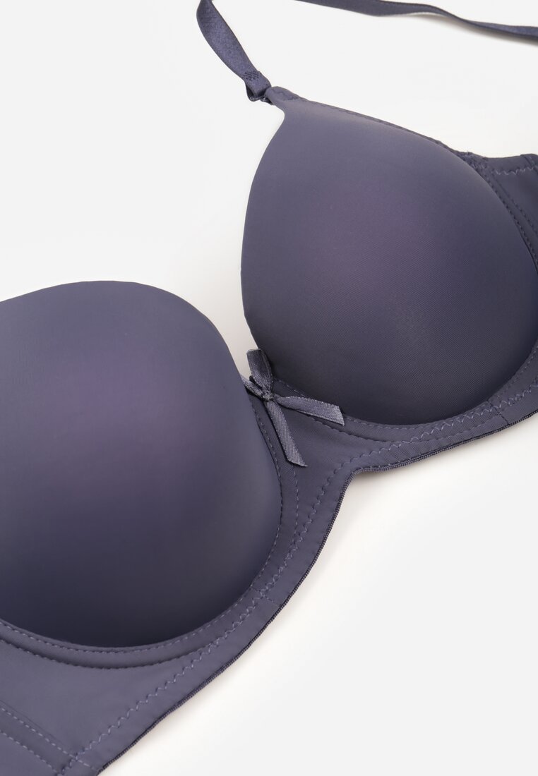 Granatowy Gładki Biustonosz o Klasycznym Fasonie Zdobiony Kokardką Caloris