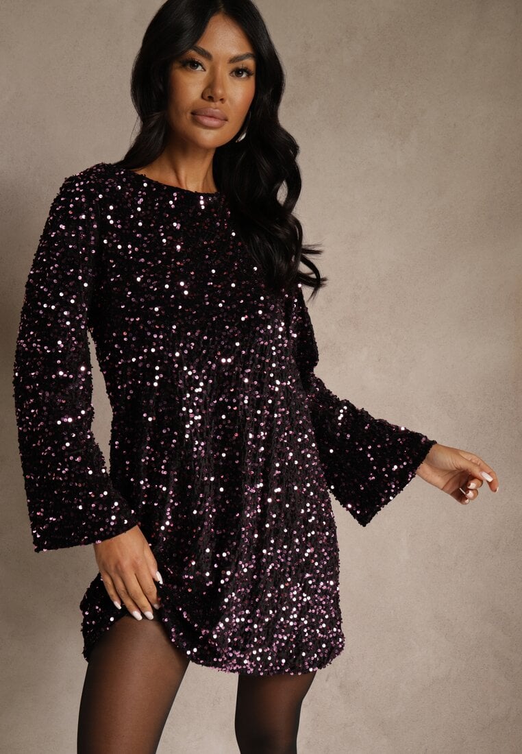 Różowa Sukienka z Odkrytymi Plecami z Kokardą Zdobiona Cekinami Carilyera