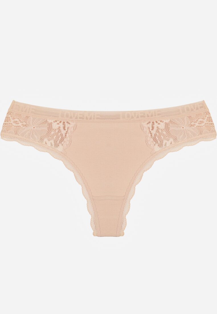 Beżowe Majtki Stringi Ozdobione Koronką z Bawełną Meniliphis