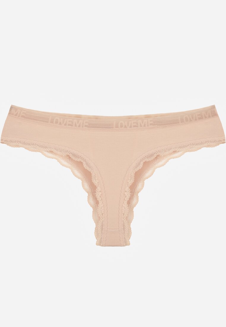 Beżowe Majtki Stringi Ozdobione Koronką z Bawełną Meniliphis