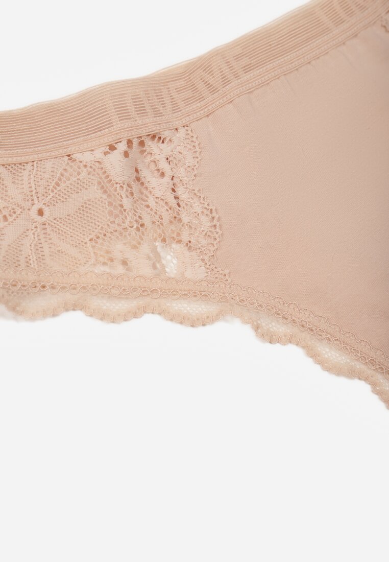 Beżowe Majtki Stringi Ozdobione Koronką z Bawełną Meniliphis