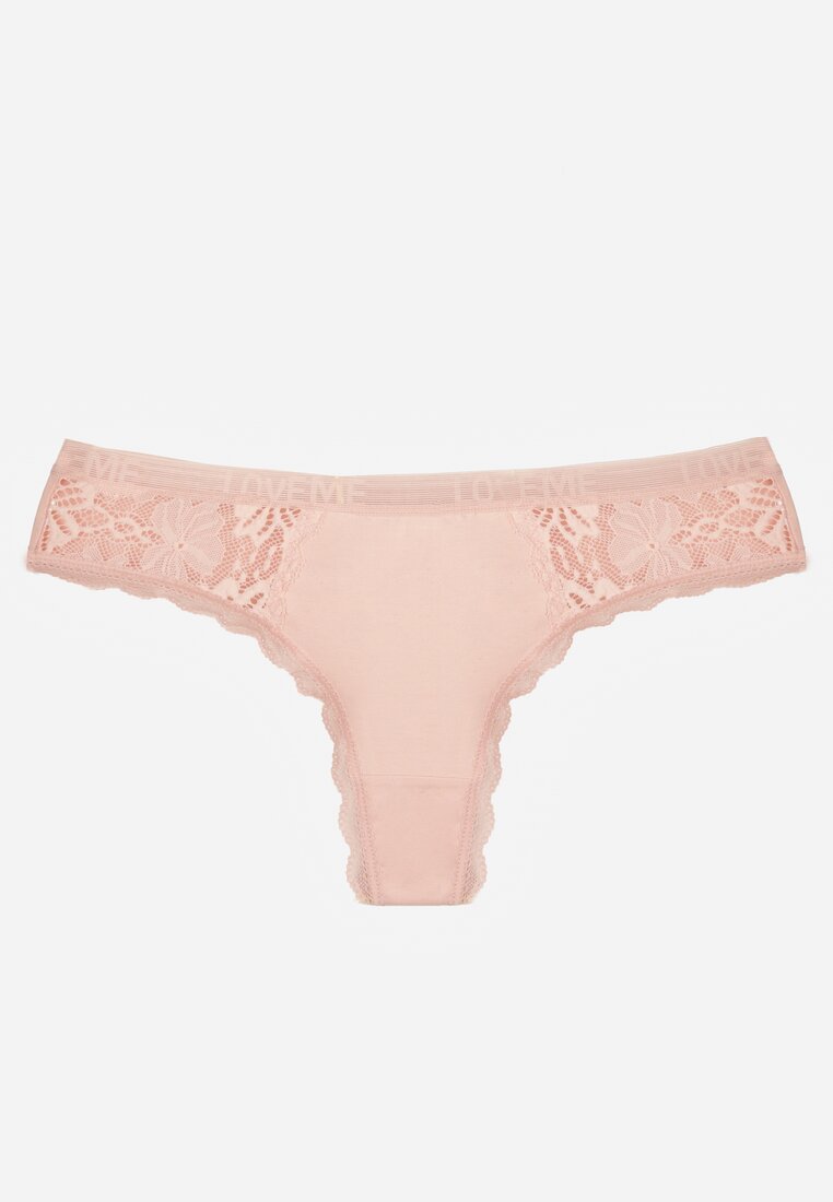Jasnoróżowe Majtki Stringi Ozdobione Koronką z Bawełną Meniliphis