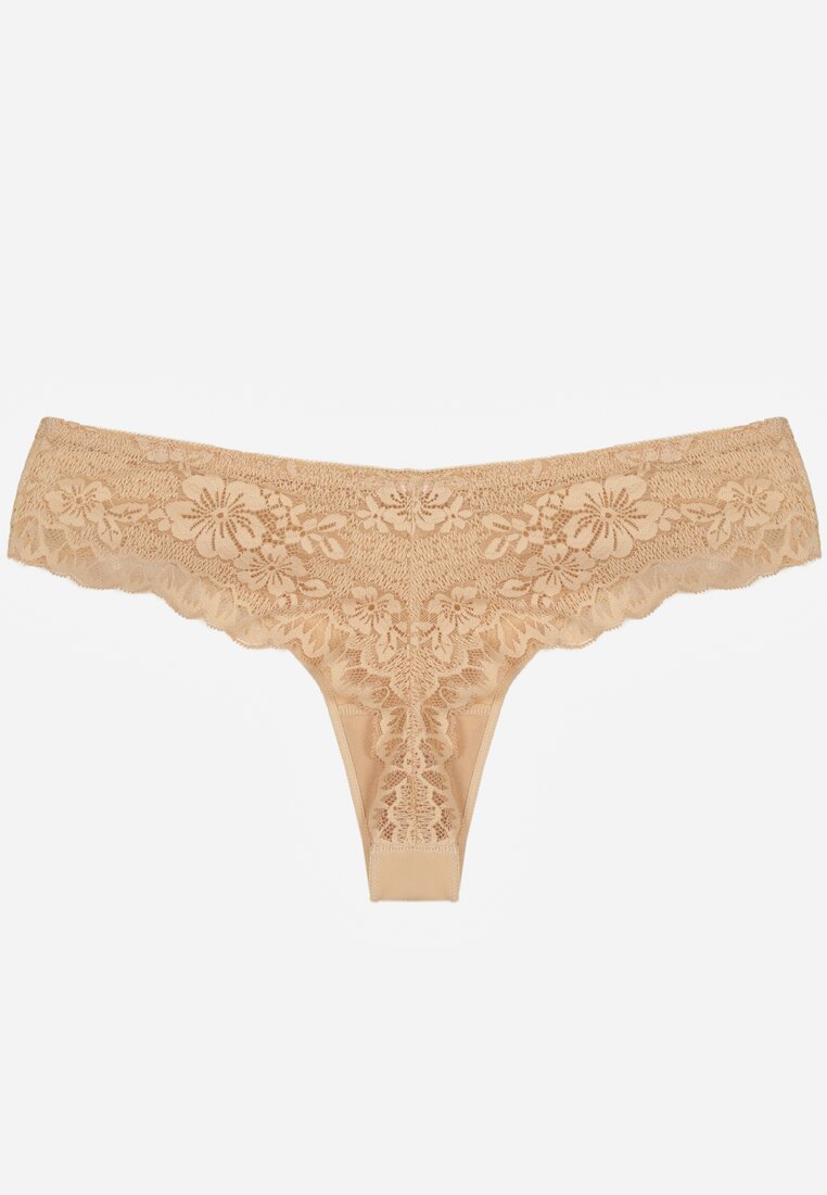 Beżowe Majtki Stringi Ozdobione Koronką Phisoris