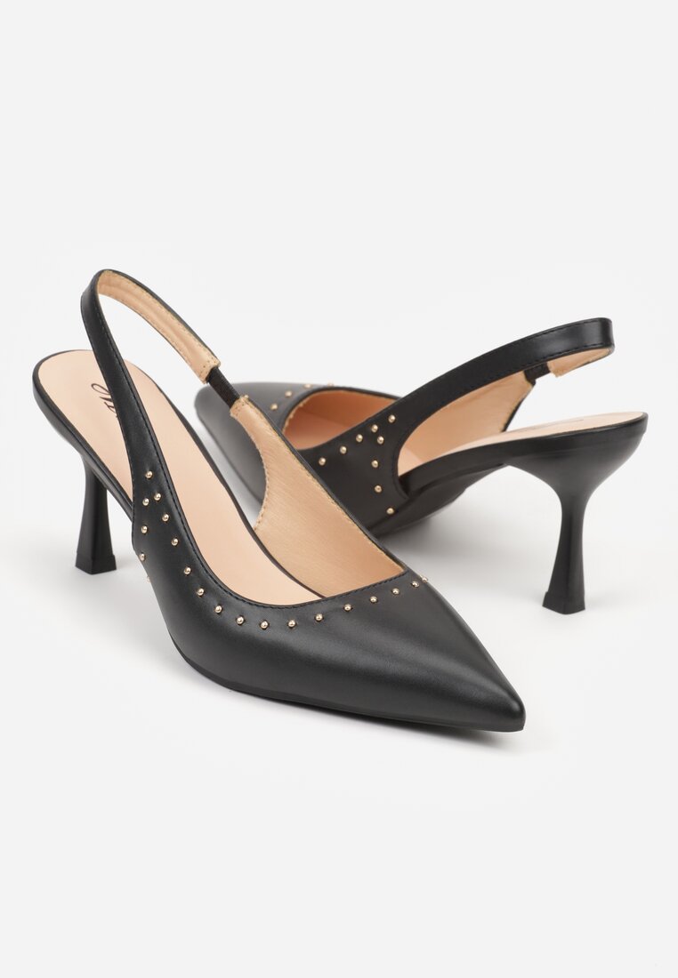 Czarne Sandały Slingback na Szpilce z Aplikacją z Nitami Sewluna