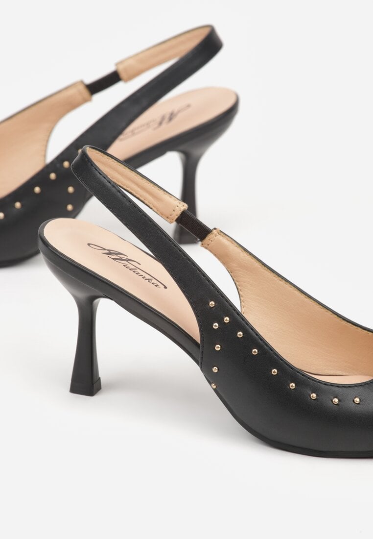 Czarne Sandały Slingback na Szpilce z Aplikacją z Nitami Sewluna