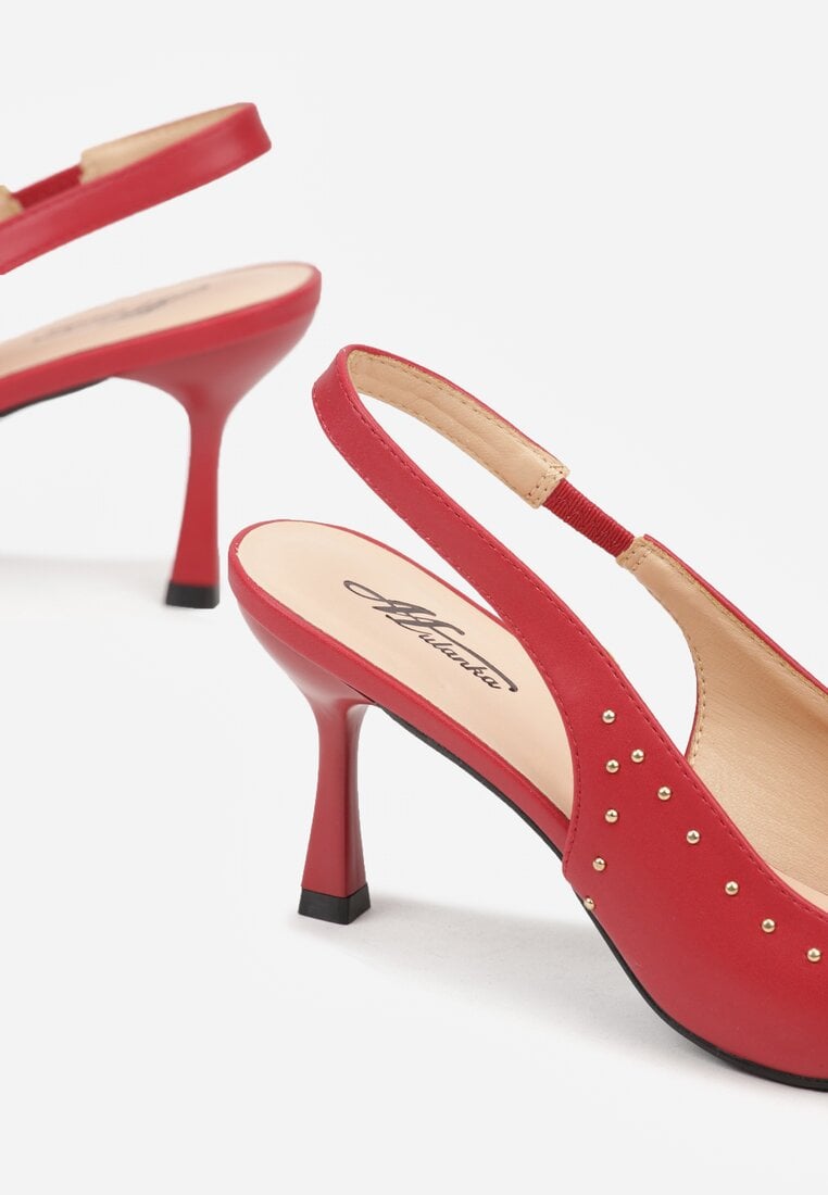 Czerwone Sandały Slingback na Szpilce z Aplikacją z Nitami Sewluna