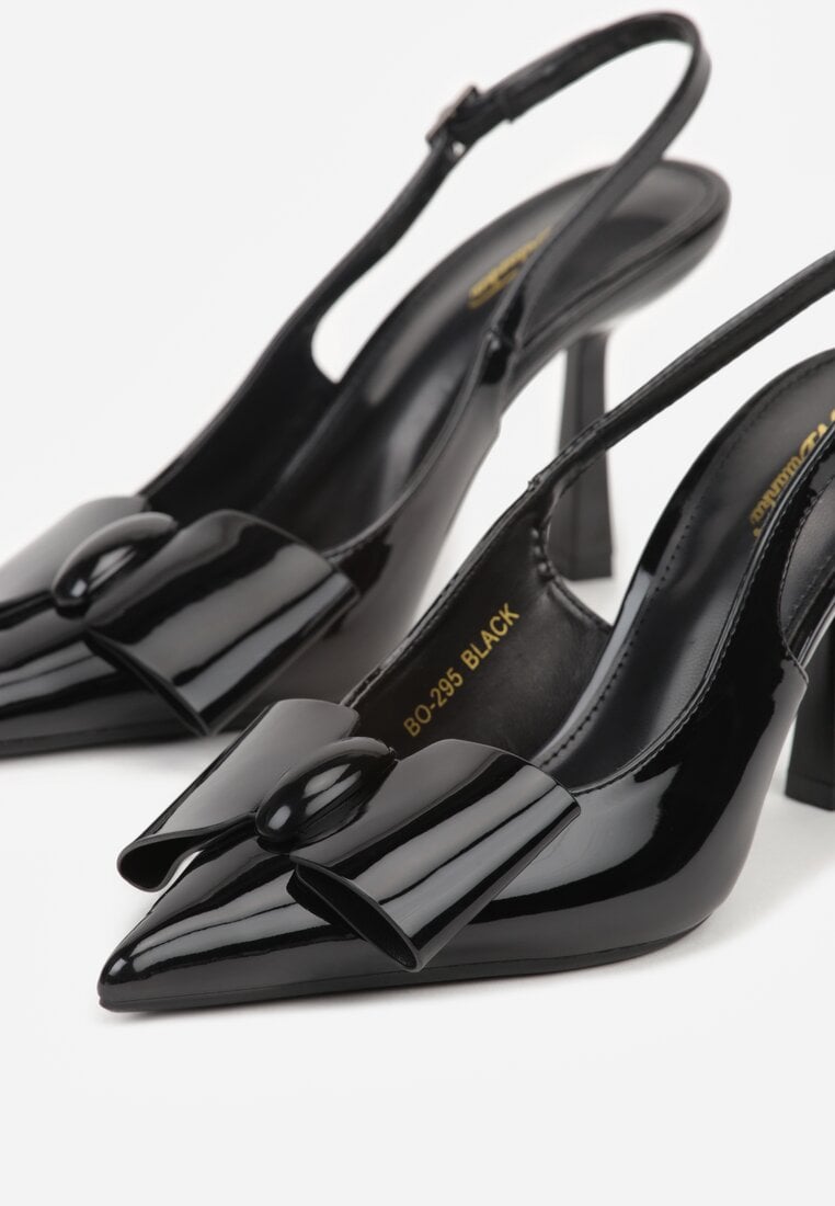Czarne Szpilki Slingback z Lakierowanym Połyskiem Zdobione Kokardą Sewlira