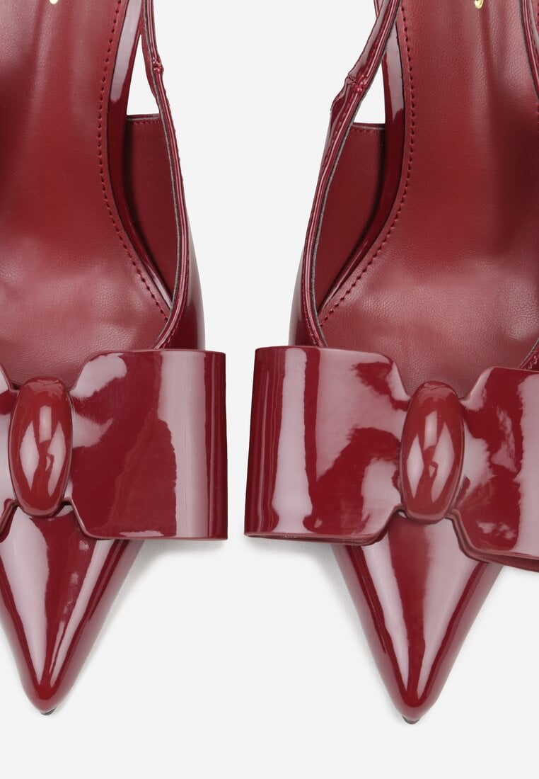 Bordowe Szpilki Slingback z Lakierowanym Połyskiem Zdobione Kokardą Sewlira