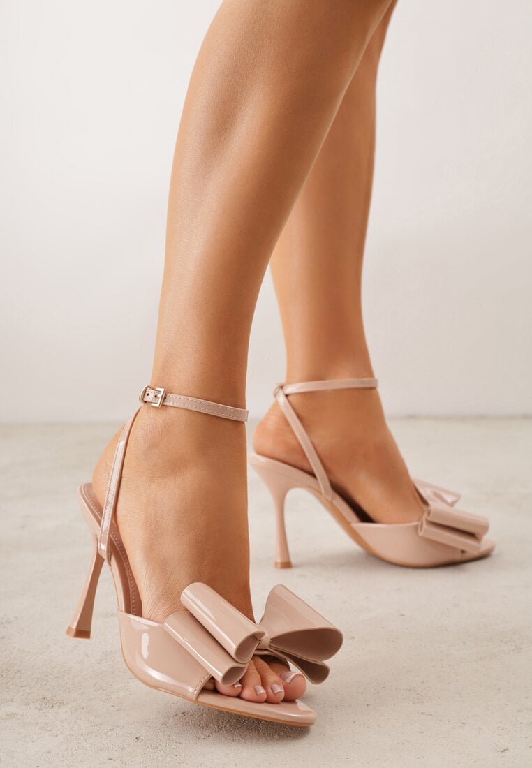 Beżowe Lakierowane Sandały z Kokardkami Orimoni