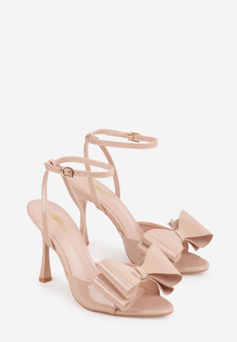 Beżowe Lakierowane Sandały z Kokardkami Orimoni