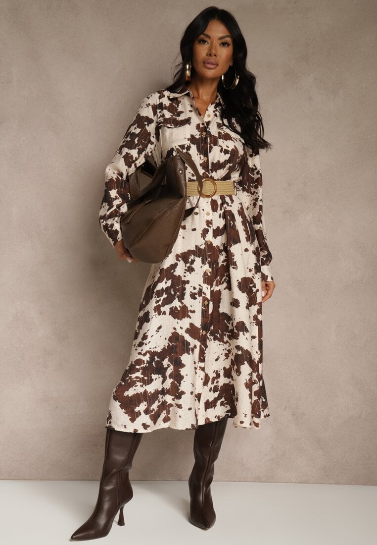 Brązowa Sukienka z Wiskozą o Koszulowym Kroju z Paskiem w Krowie Łaty Carlitia