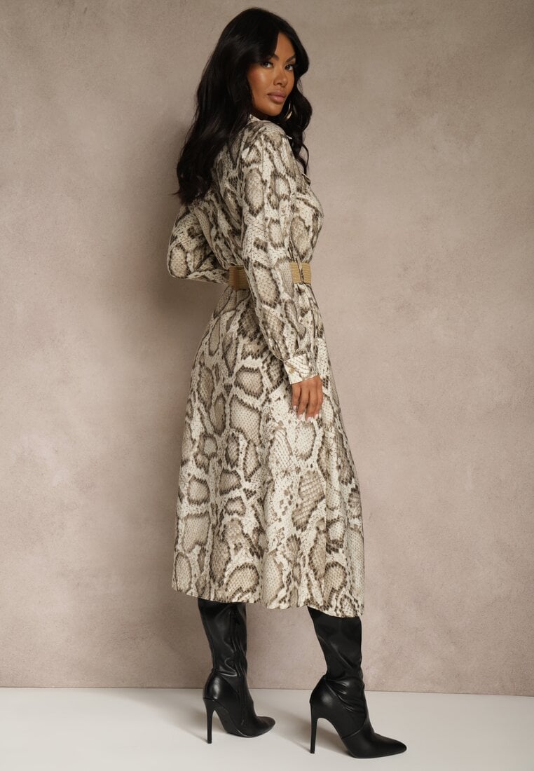 Beżowa Koszulowa Sukienka Snake Print z Wiskozą i Paskiem Bririn