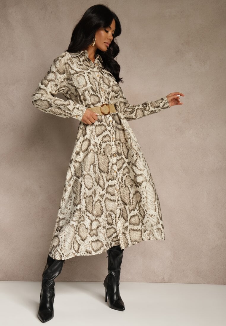 Beżowa Koszulowa Sukienka Snake Print z Wiskozą i Paskiem Bririn