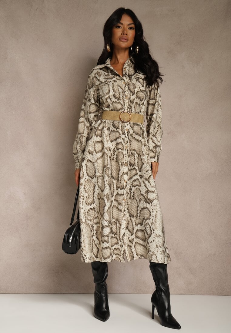 Beżowa Koszulowa Sukienka Snake Print z Wiskozą i Paskiem Bririn