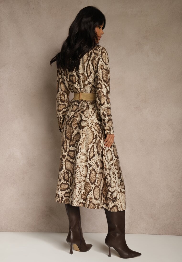 Brązowa Koszulowa Sukienka Snake Print z Wiskozą i Paskiem Bririn