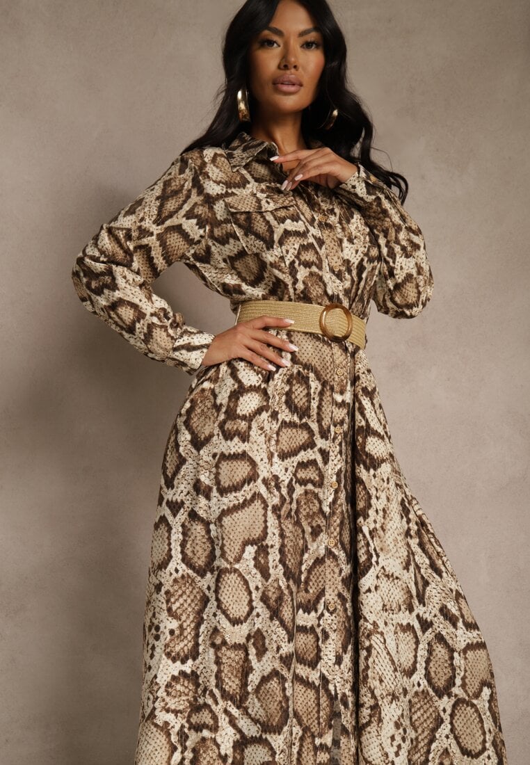 Brązowa Koszulowa Sukienka Snake Print z Wiskozą i Paskiem Bririn